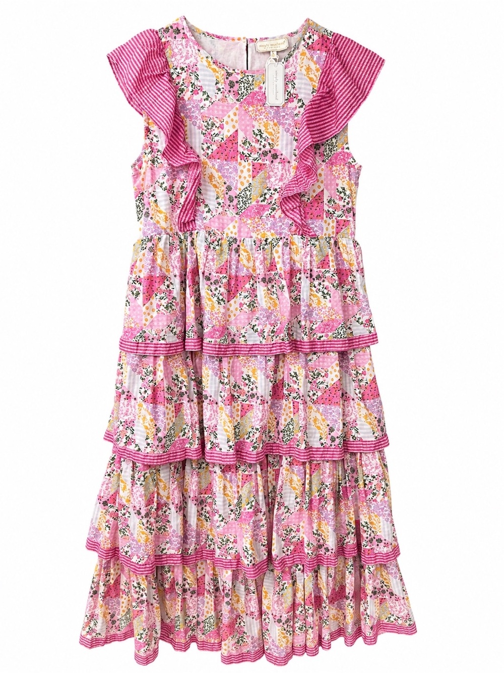 Simply Southern Floral Patchwork Tiered Maxi Dress Pink Ruffle Cottagecore L NWT